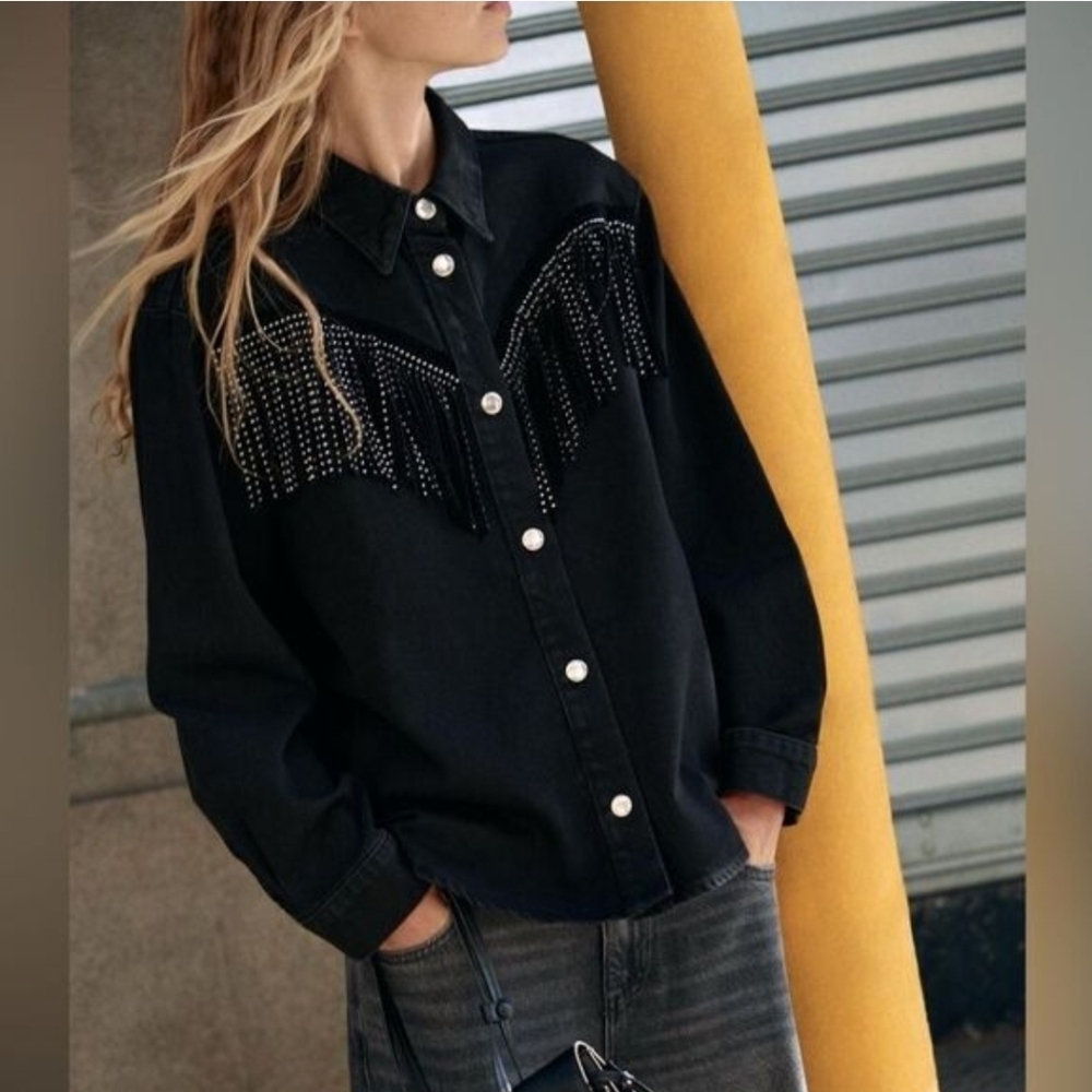 Zara Sz S, M Black Bejeweled Denim Fringe Jacket Brand New